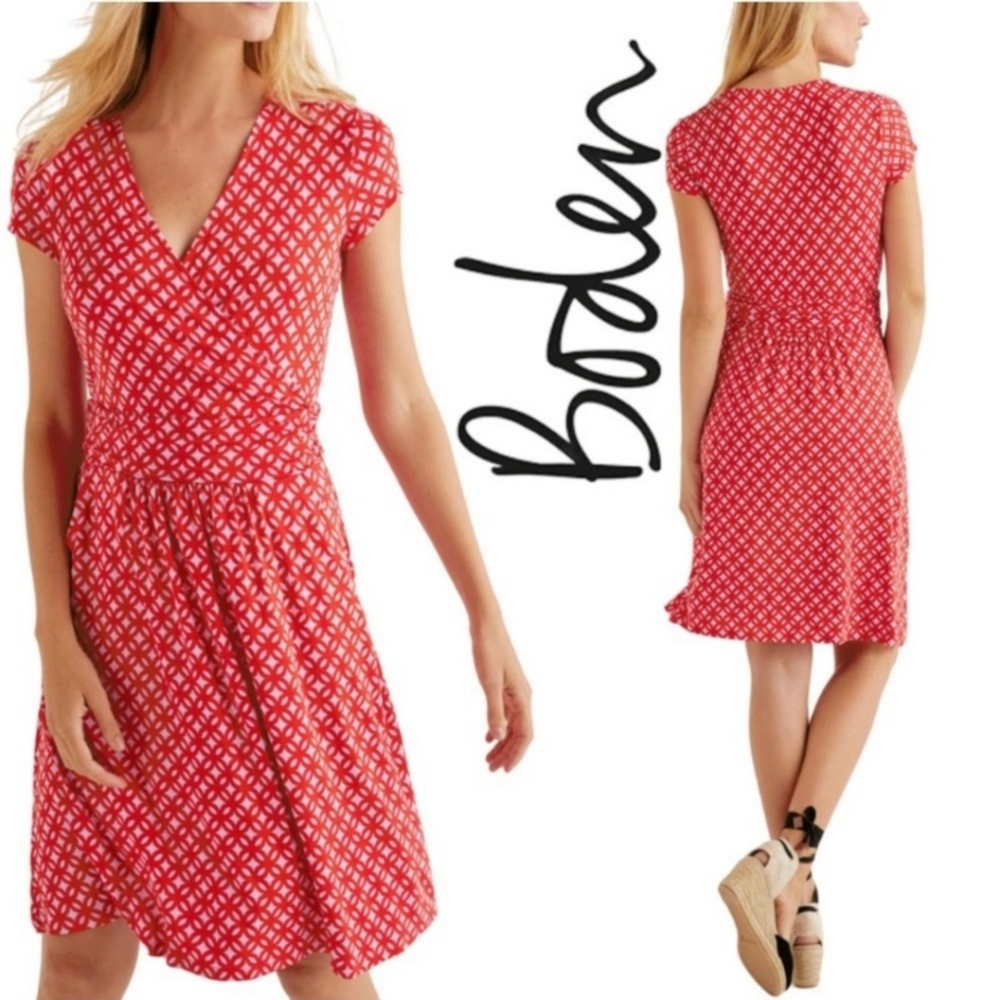Boden Lola Jersey Dress Red Pink Geometric Pockets size 14R